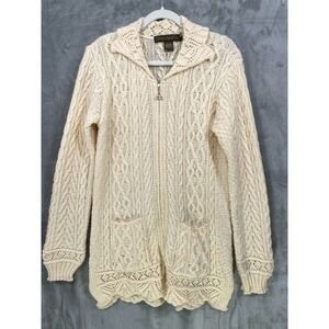 Inis Crafts Cardigan Sweater Women's L 100% Merino Wool Full Zip Beige Ireland